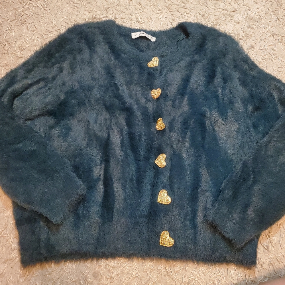 Zara Green Vegan Fur Cardigan Heart Jewel Buttons